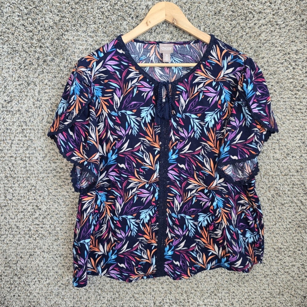 Chicos Top Womens 3 US XL Blue Floral Print Neck Tie Short Sleeve Blouse Casual
